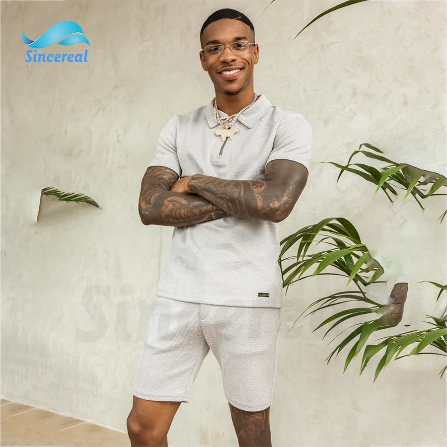 Men's Custom Logo Summer Knitted Stretch Fit Ice Grey Textured Fabric Best Paired Zipper Casual Polo and Shorts 2-Piece Set