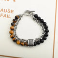 Wholesale Double-Layer Beaded Bracelets Metal Chains Men's Fashion Jewelry Trendy Stainless Steel Tiger Eye Stone Geometric