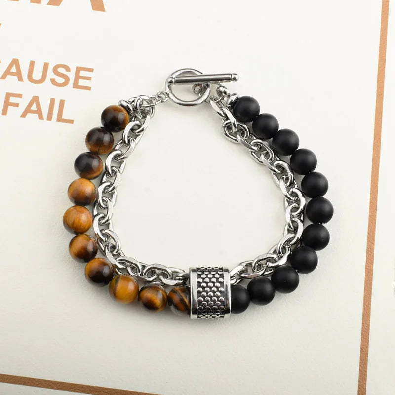 Wholesale Double-Layer Beaded Bracelets Metal Chains Men's Fashion Jewelry Trendy Stainless Steel Tiger Eye Stone Geometric