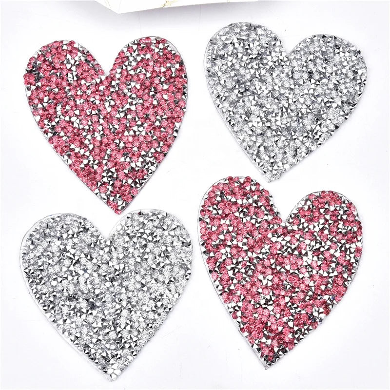 Hot Fix Sparkling Pink Silver Resin Rhinestone Heart Iron on Patches Heart Transfer Motifs Heart Applique for T-Shirt Clothing