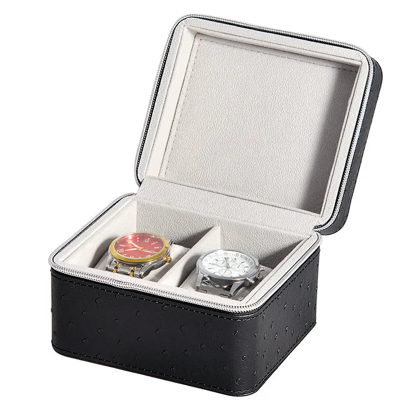 High Grade Travel Zippered Watch Box 2  Compartment PU Leather Jewelry Case Organizer