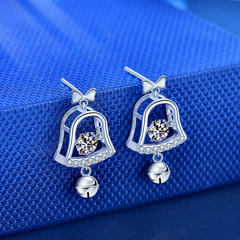 Hot Sale Fashion Fine Jewelry 925 Sterling Silver 0.5ct Mossianite Christmas Bell Designs Stud Earrings for Girls