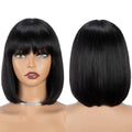 10 Inch Short Black Bob Wig with Bangs Human Hair Light Yaki Straight Bang Bob Wig Wear and Go Glueless Wig for Women (1B)
