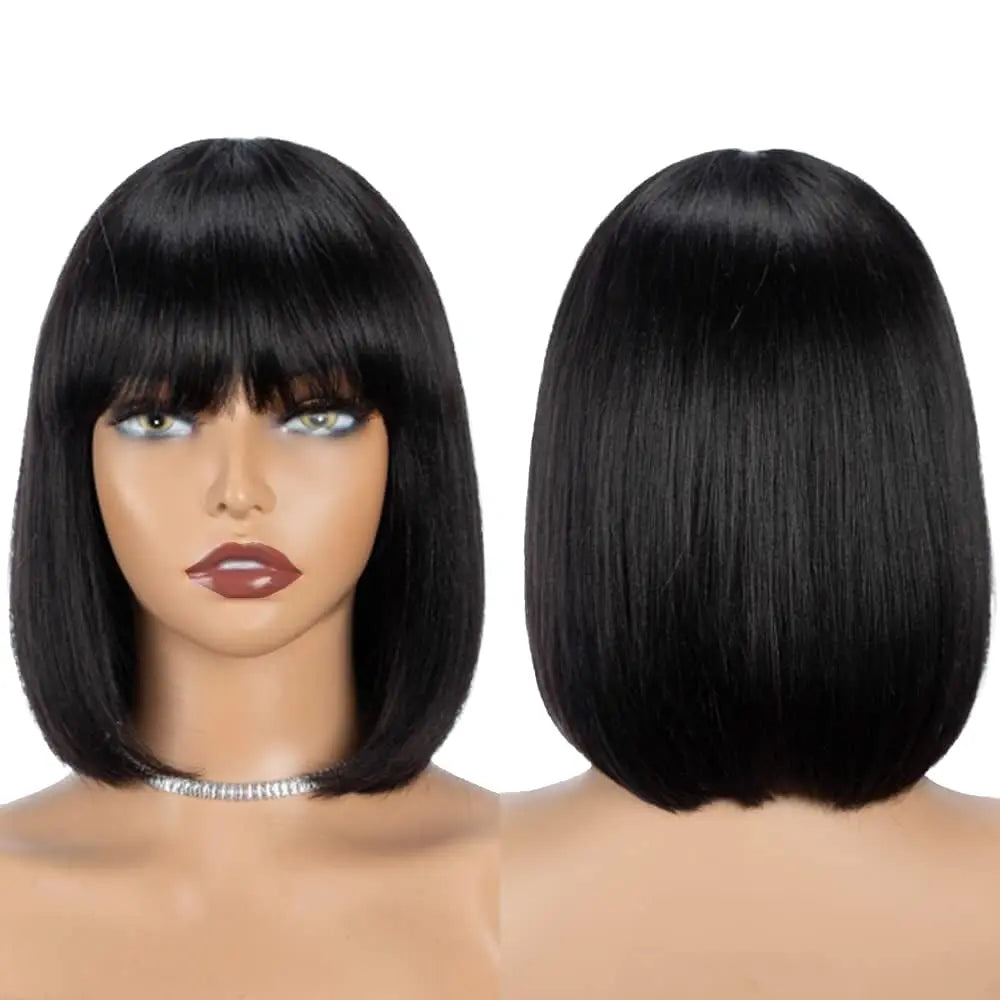 10 Inch Short Black Bob Wig with Bangs Human Hair Light Yaki Straight Bang Bob Wig Wear and Go Glueless Wig for Women (1B)