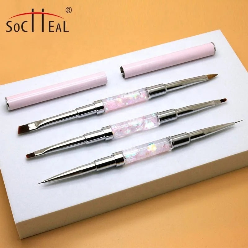 Double Head Design Liquid Sequins Handle Nail Art Brushes Custom Logo Gel Liner Oval Flat Oblique Gradient 3D Acrylic Nail Brush