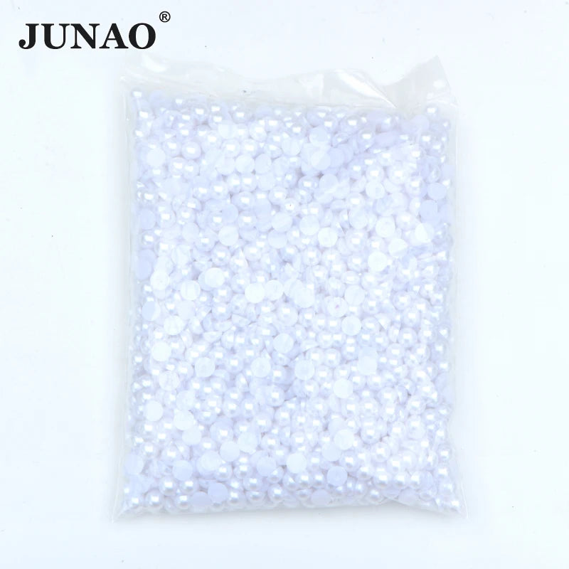JUNAO Wholesale 2 3 4 5 6 8 9 10mm Flatback White Pearl Beads Half Round Rhinestones Beads for Jewelry Making