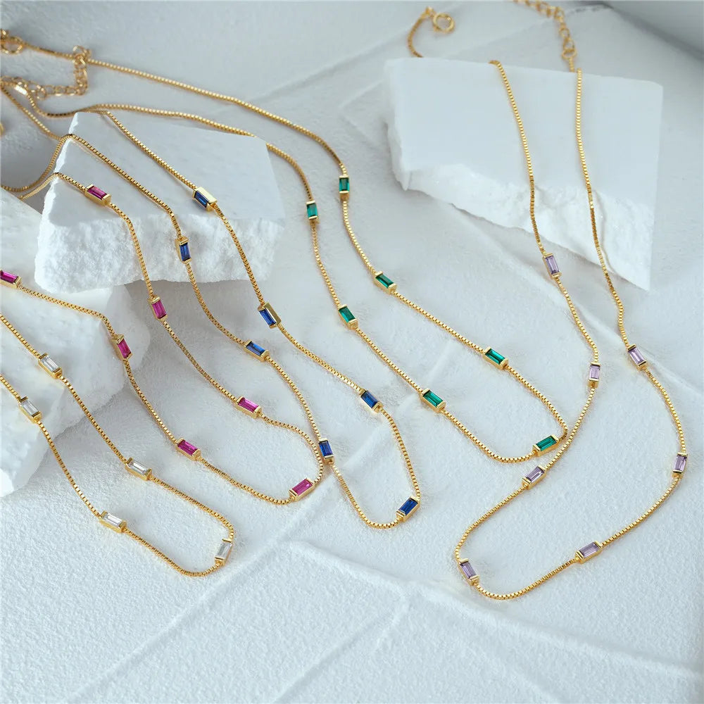 Fashion Silver Necklace Jewelry 925 Sterling Silver Colorful Small Rectangular Zircon Necklace Gold Plated Chain Necklace Women