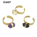 WT-R385 WKT 2022 Beautiful Crystal Amethyst Black Obsidian Hexagon Rings Natural Stone Rings Gold Plated Quartz Point Ring