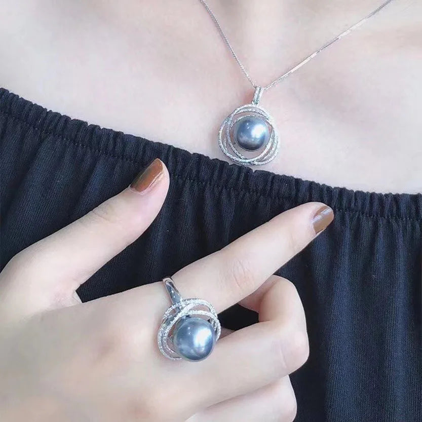 High Quality Top Fashion Nature Tahitian Sea Salt Pearl Jewelry Set With 925 Silver in White Gold Color.nature Black Pearl Color