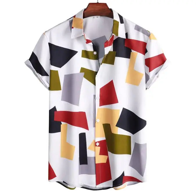 Men's Summer Short Sleeve Shirt Vintage Geometric Hawaiian Beach Male Shirts Casual for Men Size M-2XL