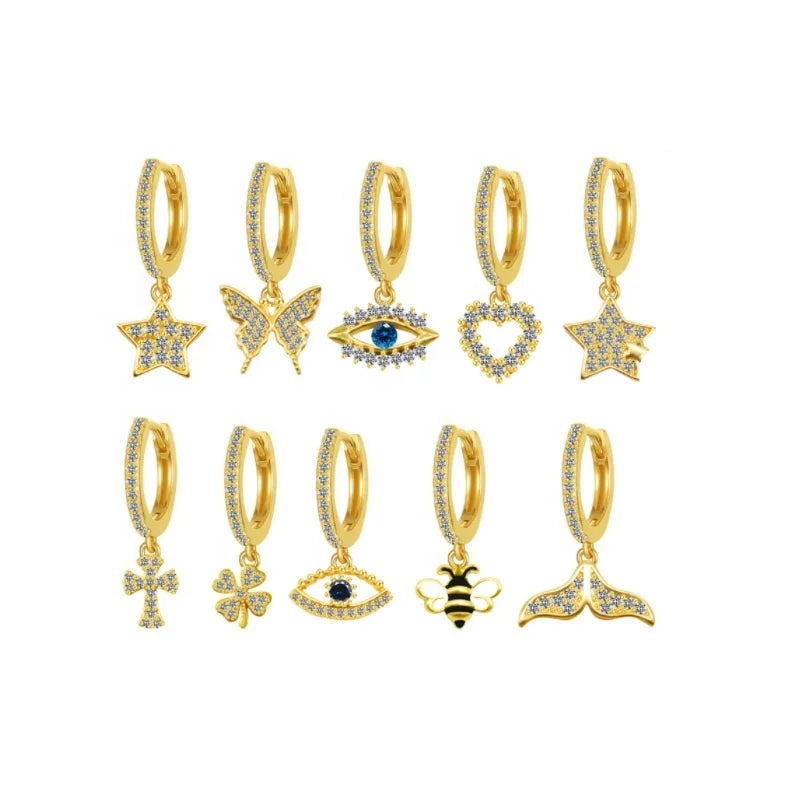 Gaby Fashion Gold Plated Diamond Dangle Hoop Earrings Moon Star Butterfly Bee Design with Zircon Stone Piercing Jewelry