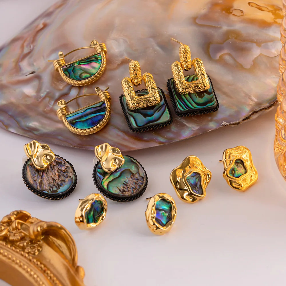 Vintage Earrings Jewelry Combination Irregular Water Wave Pattern Natural Abalone Shell Middle Age Stud Hoop Earrings
