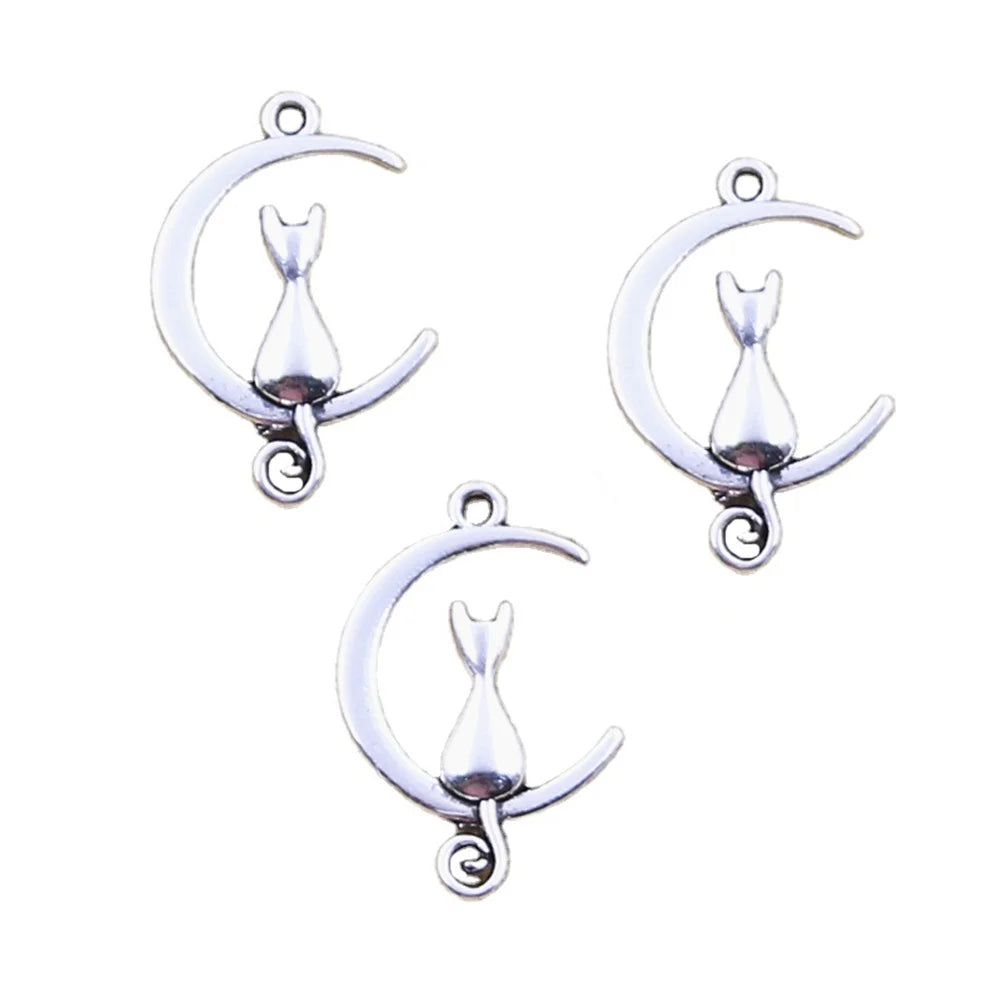 Charms Moon Cat 21x14MM Antique Bronze Silver Color Pendants DIY Making Findings Handmade Tibetan Jewelry