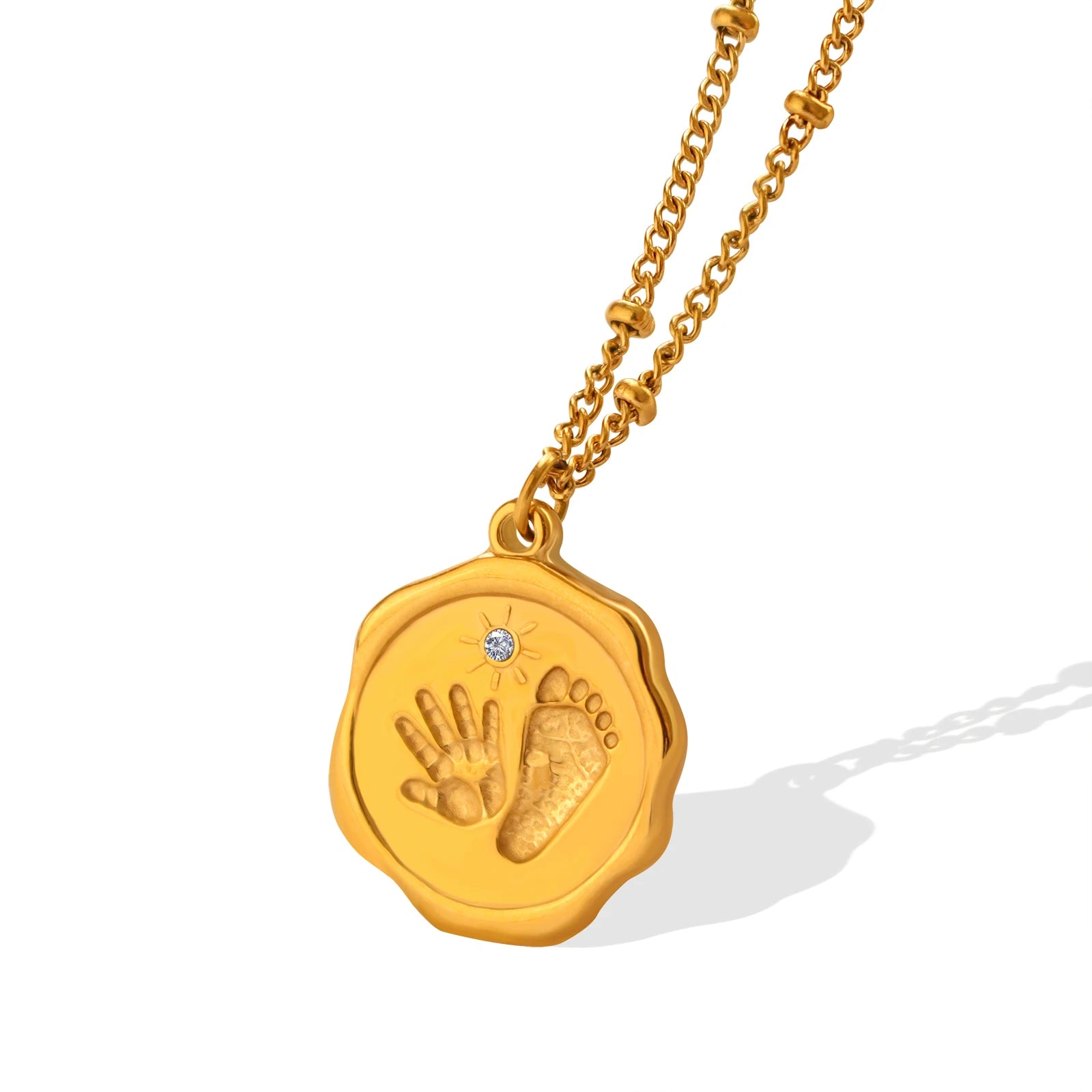 Cute Popular Palm Print Footprints Zircon Inlaid Irregular Pendant Necklace Stainless Steel Gold Plated Niche Design Accessories
