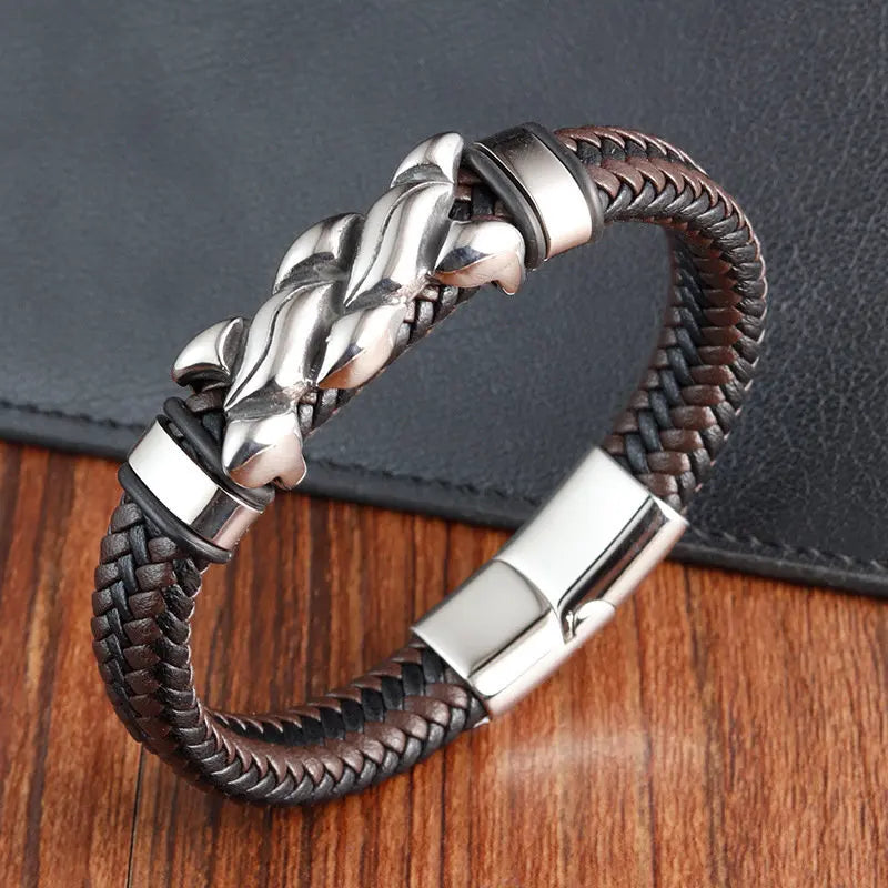 Stainless Steel Punk Bangle for Men Fashion Personalized Genuine Leather Magnetic Buckle Bracelet Hip Hop Jewelry