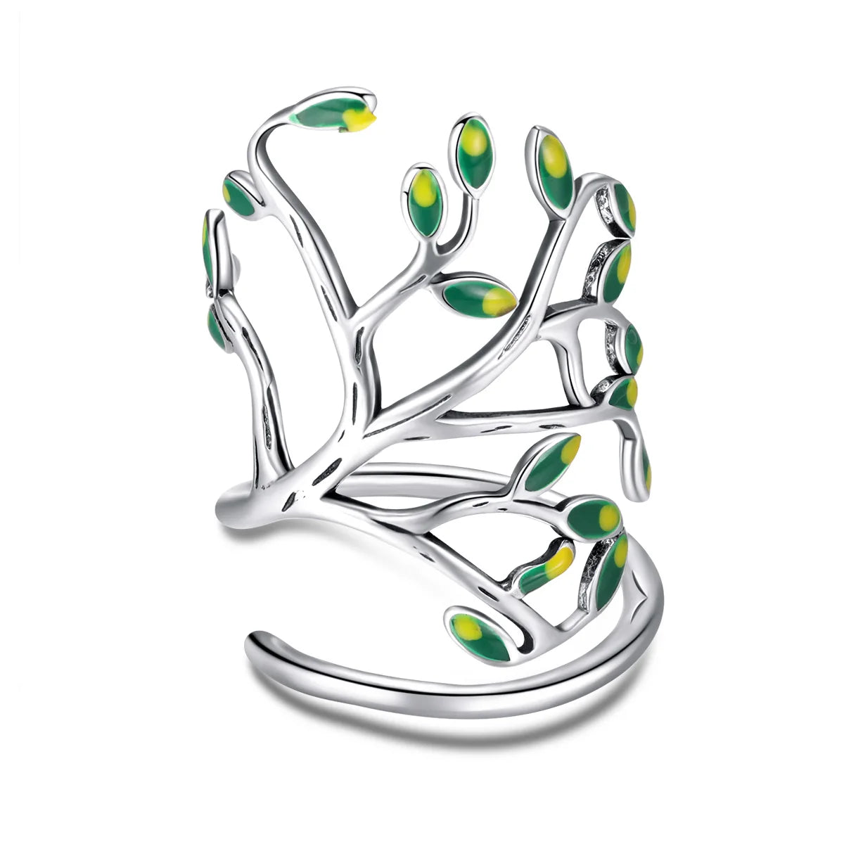 925 Sterling Silver Tree of Life Green Tree Leaves Adjustable Finger Rings for Women Sterling Silver Jewelry SCR454