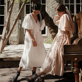 Quality Clothes Lace-Up Wrap Puff Short Sleeve Cotton Long Dresses Women Casual Summer Robe Pour Femme