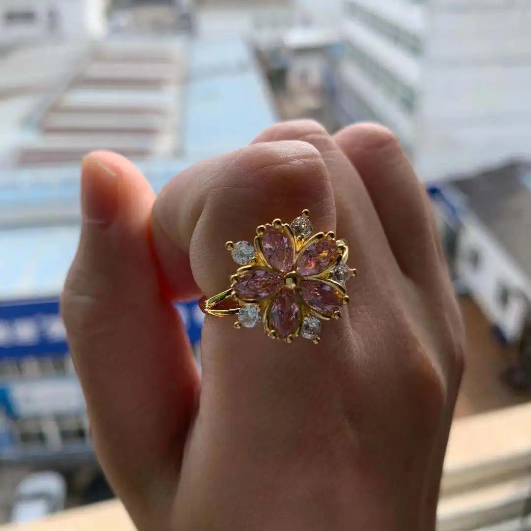 Elegant Fashion Sakura Princess Engagement Rings for Bride Jewelry Romantic Cherry Blossom Zircon Lady Rings