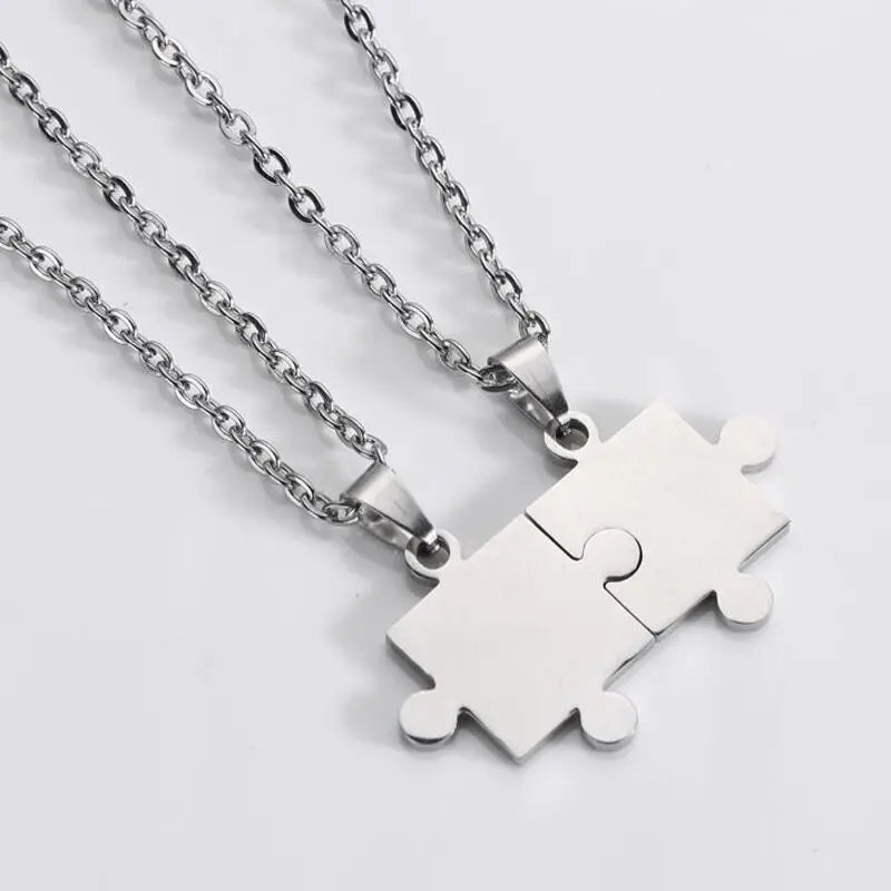 Customizable Couple's Stainless Steel Pendant with 18K Gold Plating Trendy Jigsaw Puzzle Charm Necklace Link Chain Engraved Name