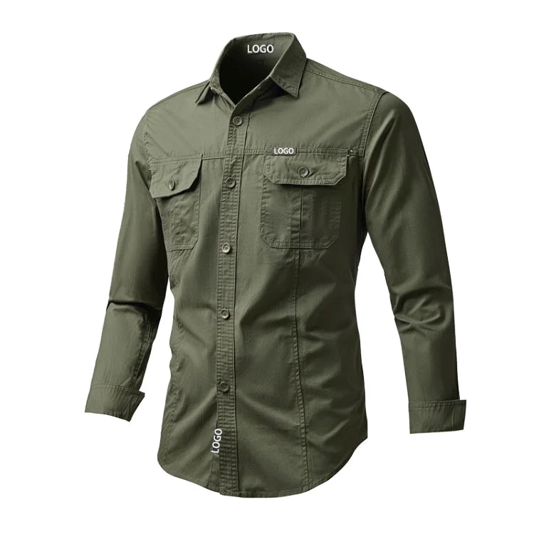 Men's New Cotton Plus Size Casual Long-Sleeved Cargo Shirts Jacket Multi-Pockets Thin Spring Autumn Plain Dyed  Men s Shirts