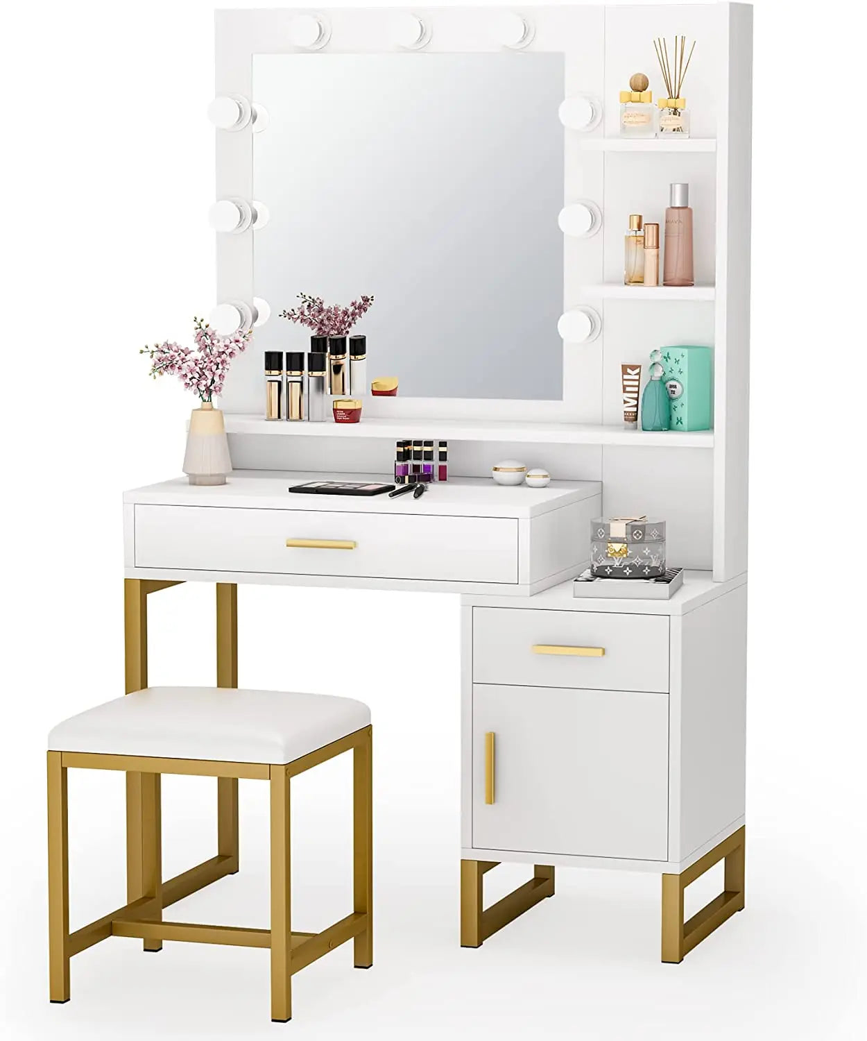 Free Delivery White Dresser Makeup Vanity Table Japanese Fancy Portable Metal Dressing Table with Lights Around Mirror