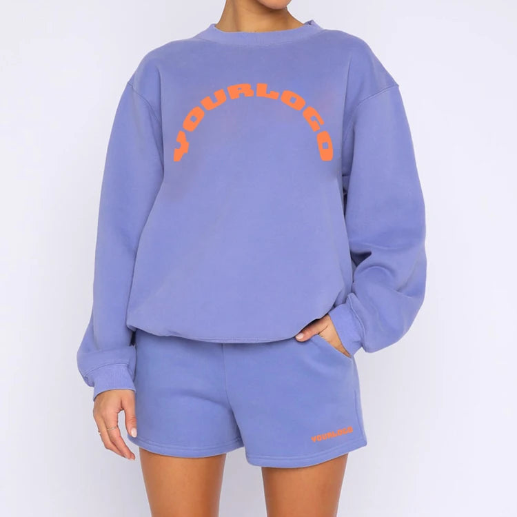 F230464 Saier Hot Sale Ladies Solid Color Hoodie Sets Winter Autumn Fashion Long Sleeve Pullover Sweatshirt Loose Shorts Set