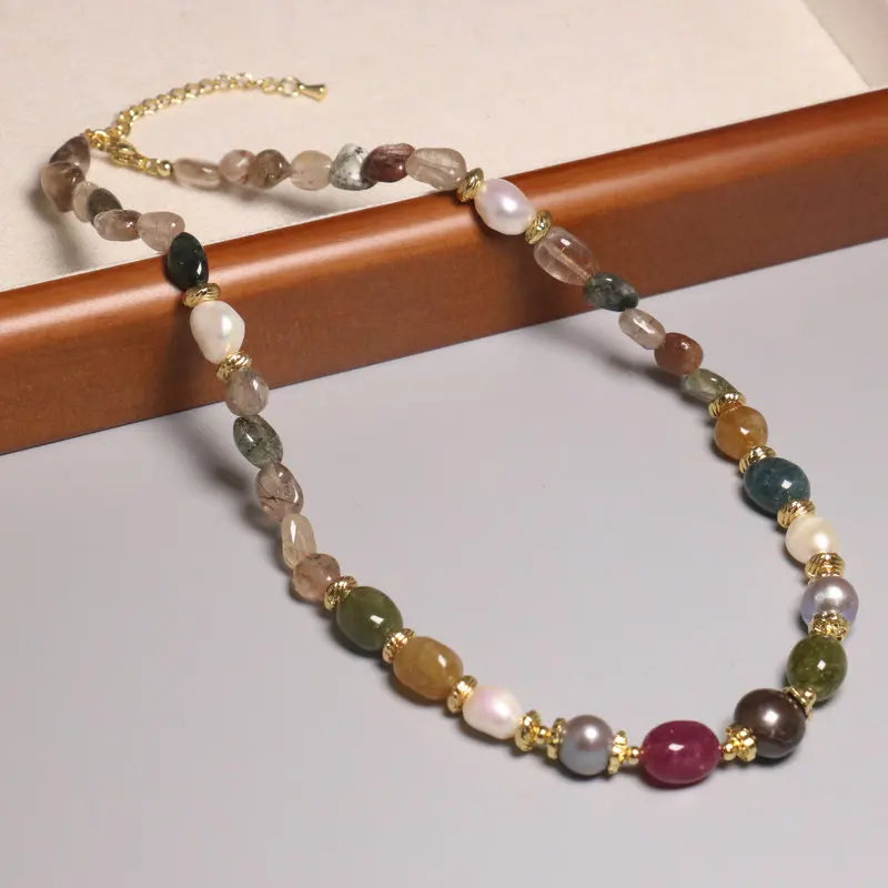 New Arrival Healing Stone Choker Irregular Rainbow Tourmaline Beaded Clavicle Necklace Dainty Baroque Pearl Jewelry for Women