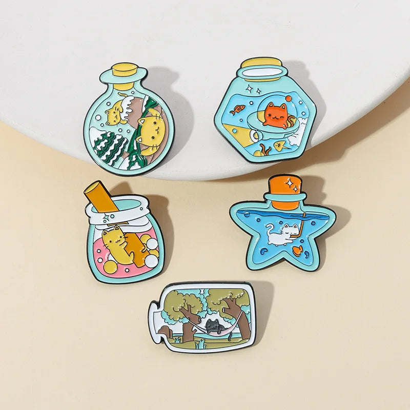 New Style Kawaii Anime Cartoon Hard Enamel Pin Glitter Soft Gold Metal Badge Drifting Bottle Shape Cat Animal Enamel Pins