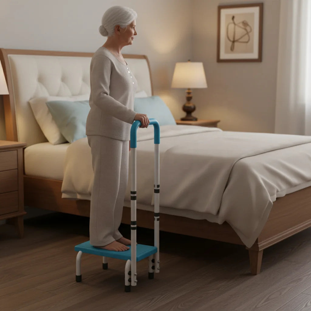 MSMT Deluxe AdjustaStep Footstool/Step Stool Height Adjustable Handle/Rail Modern White/Blue Black Padded Non-Slip