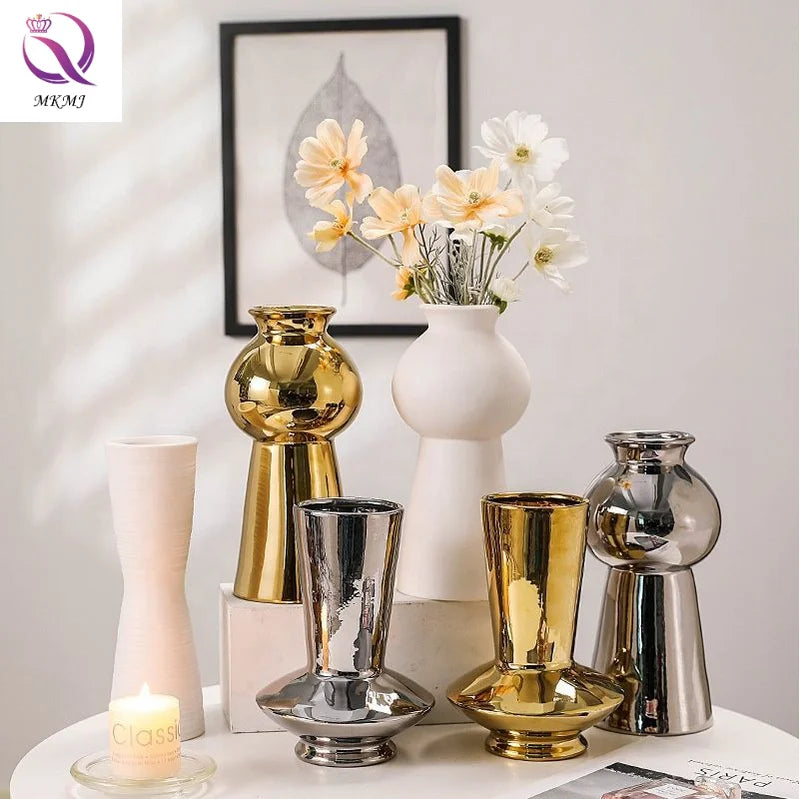 Geometric Ceramic Vases Wholesale Ornaments Golden Silver White Flower Vase for Interior Home Decor Accessories