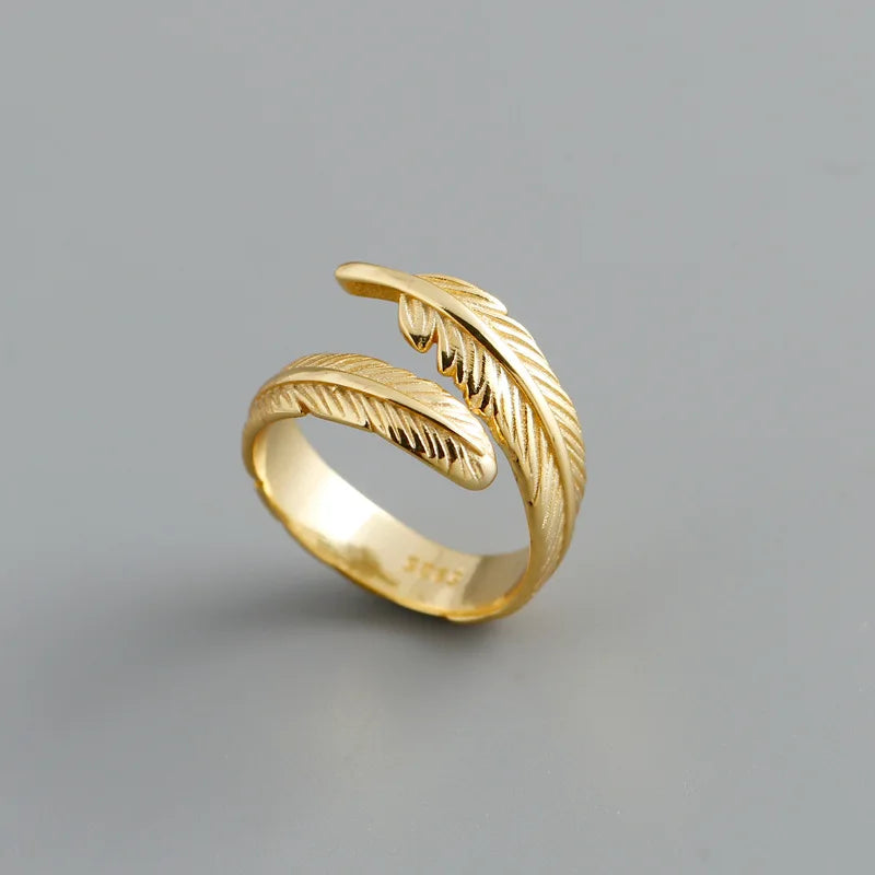 Classic Cute Design Gold Plating 925 Sterling Silver Feather Adjustable Finger Ring Women