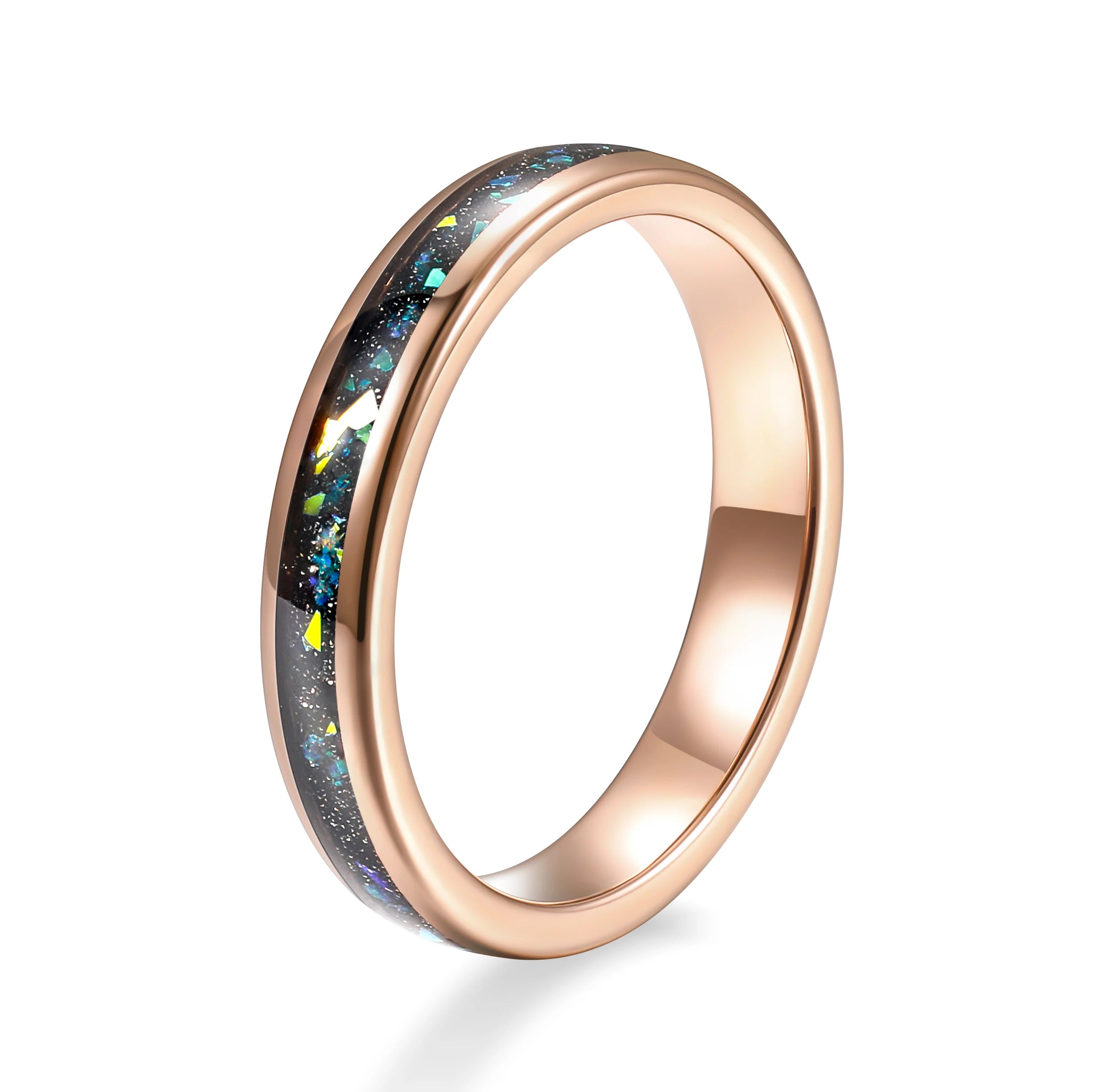 OAHLAN Fashion Jewelry 4MM Rose Gold Black Meteorite Green Opal Stone Inlay Stackable Tungsten Carbide Rings for Men Women Gift