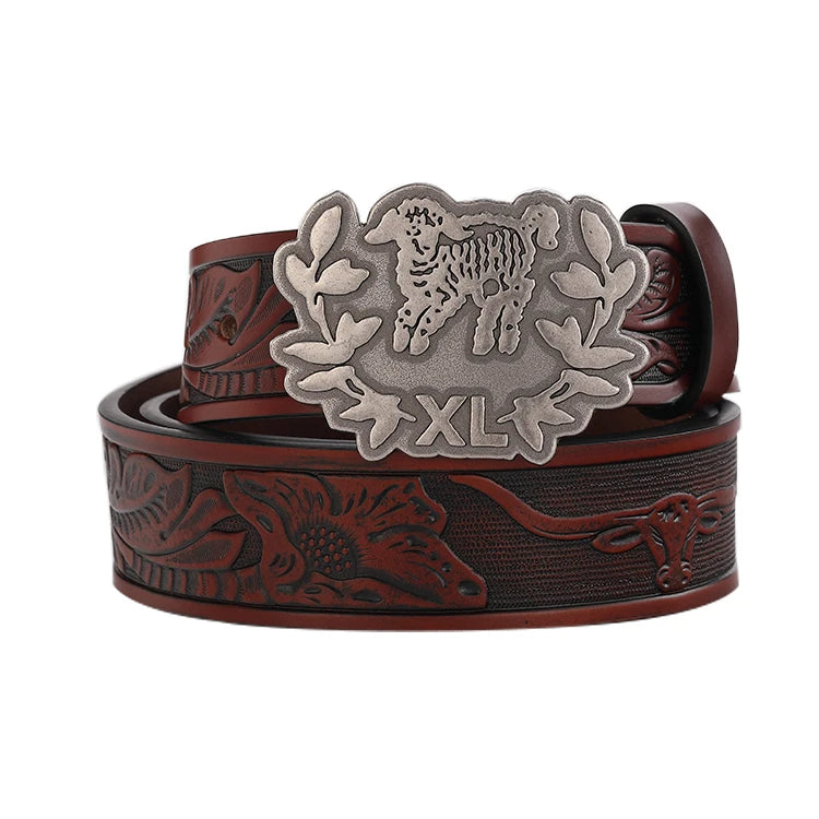 Western Cowboy Style Custom Embossed Full Grain Leather Belt Buckles Waterproof Durable Adjustable Length Men's Belts