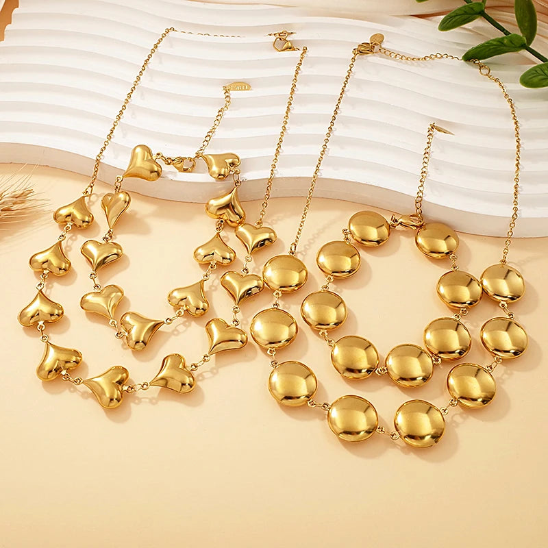 Fashion Stainless Steel Wholesale Bulk Wedding Jewelry PVD 18K Gold Plated Heart Hollow Accessories Choker Necklace Bracelet Set