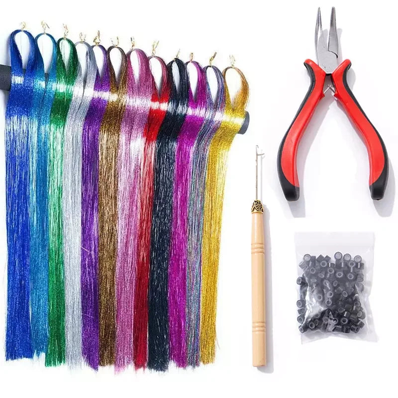 48Inches Tinsel Hair Glitter Silk With Tool Sparkle Hair Kit Glitter Extensions for Women Girls Synthetic Hair Accessories