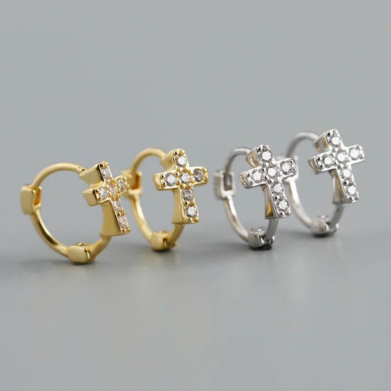 High Quality New Design 925 Sterling Silver CZ Pave Cross Hoop Huggie Earrings for Women