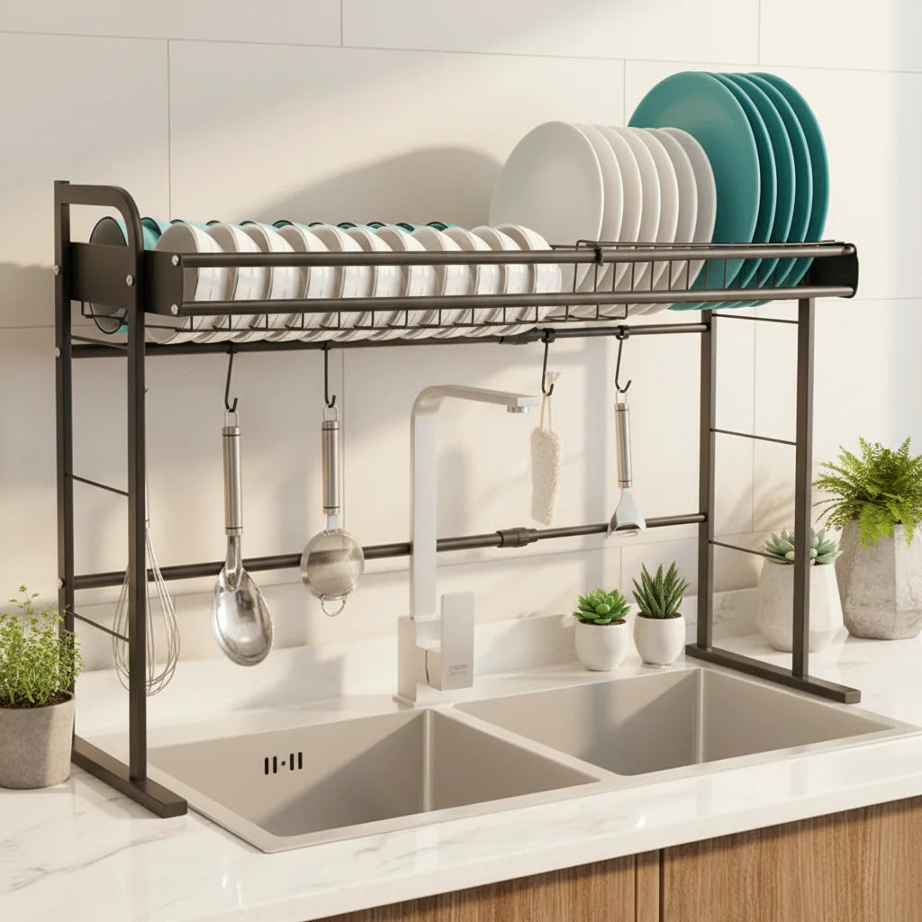 2 Tiers Stainless Steel Black Storage Shelf Sink Adjustable Dish Drying Rack Kitchen Expandable Large-capacity Cutlery Basket