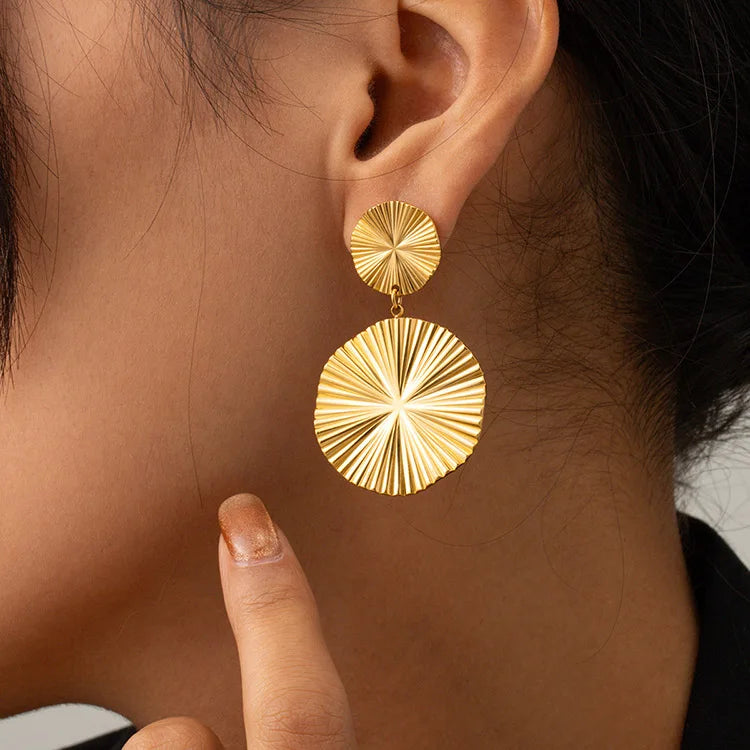 ES1180 Free Tarnish 18k Gold Plated Stainless Steel Exaggerated Sunburst Double Circle Drop Stud Earrings for Ladies