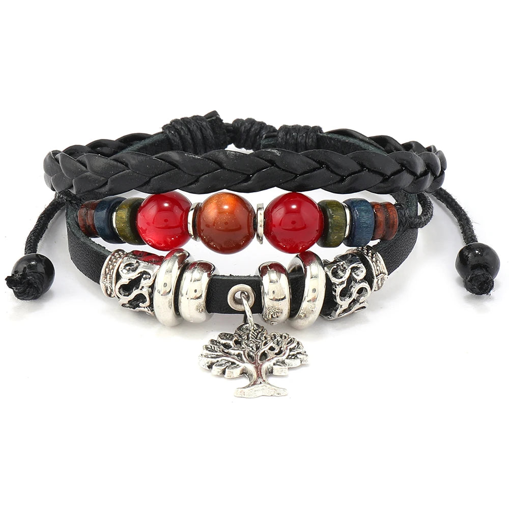 Hot Sale Handmade Leather Bracelet with Life Tree Pendant Adjustable Size Beaded Jewelry for Men and Women Gift Idea