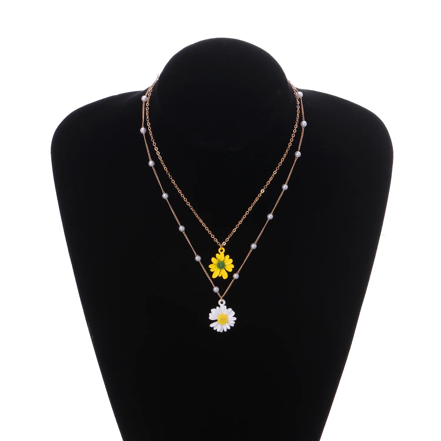 RisingMoon European and American Hot Selling Pearl Daisies Flower Double Pendant Necklace for Women