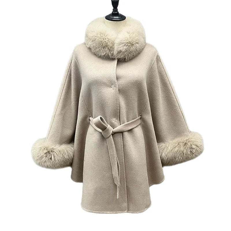Custom Size Color Luxury Fur Shawl Winter Real Wool Cashmere Fox Fur Poncho Cape for Women