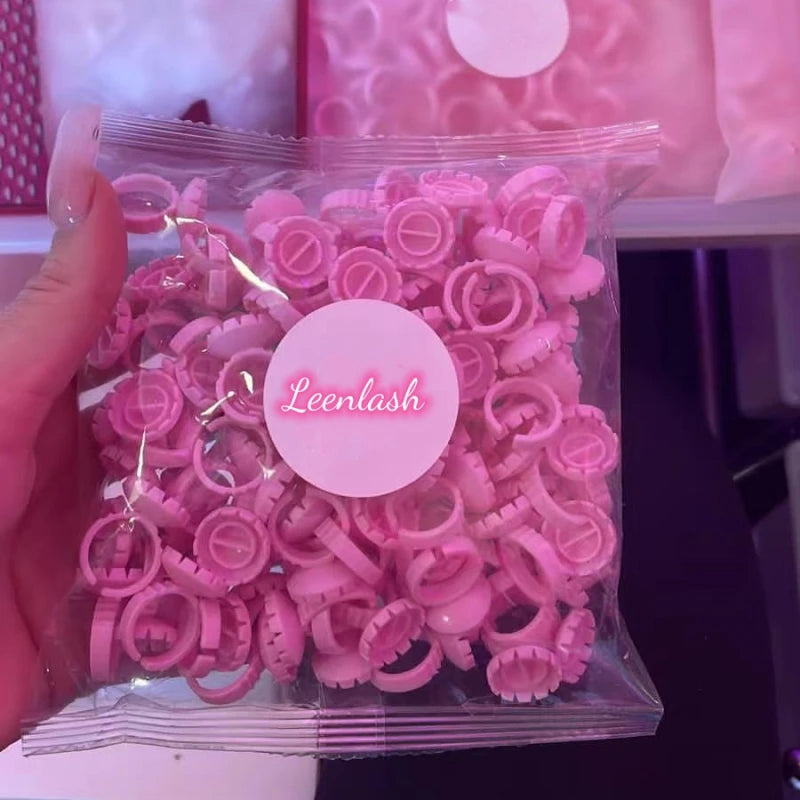 100pcs Disposable Pink Plastic Lash Glue Ring Heart Shape Cup Holder for Eyelash Extensions Blossom Eyelash & Tool