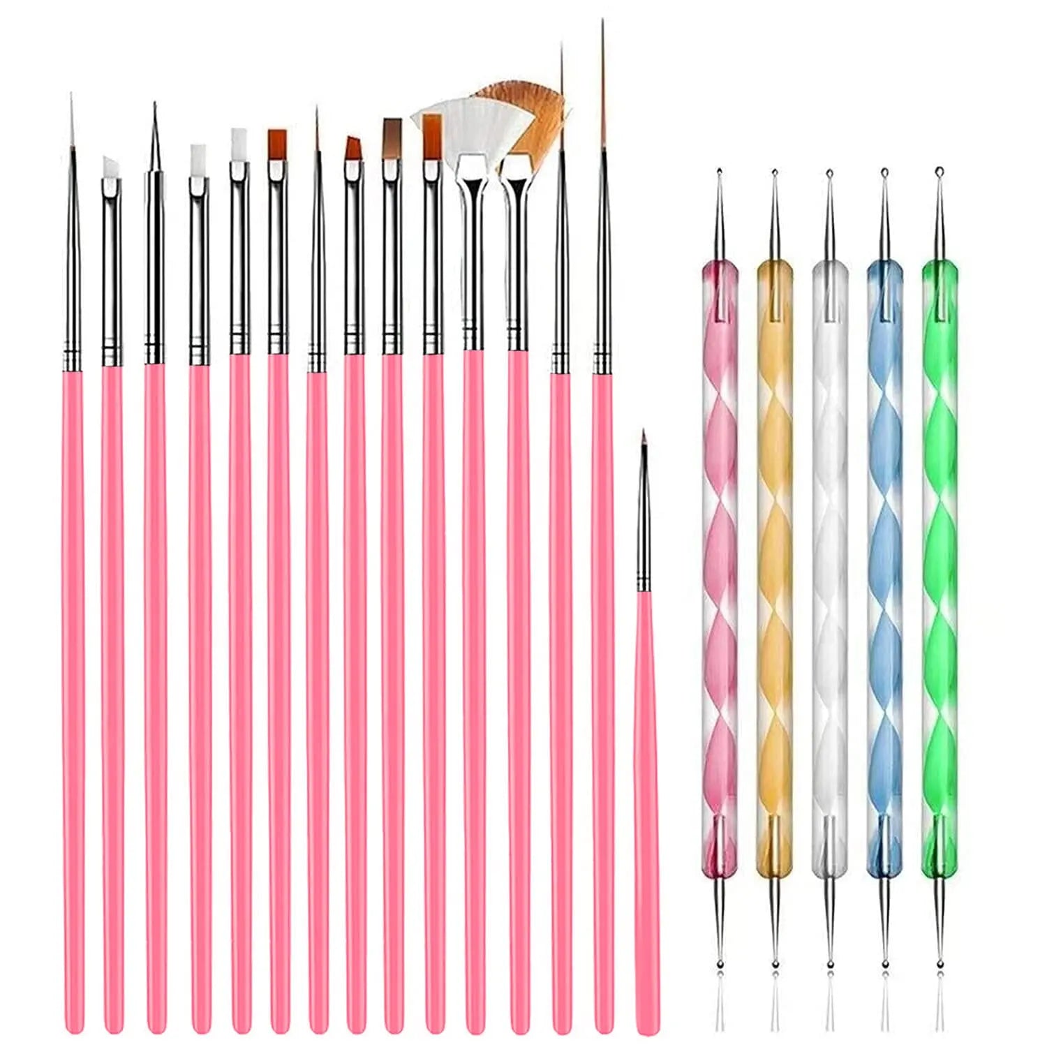 Best Selling 20pcs Professional Nail Art Brushes & 5pcs Nail Dotting Pens Set with Nylon Bristles Plastic Handle for Salon Use