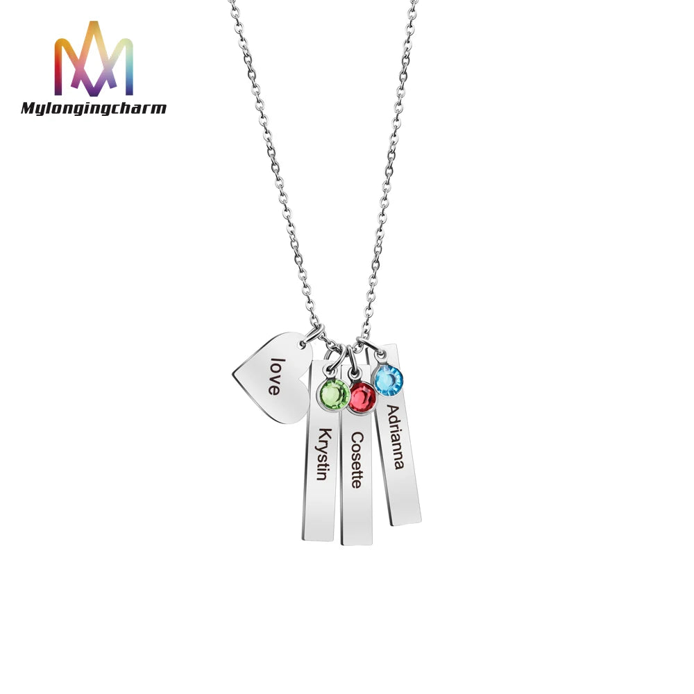 Personalised Stainless Steel Family Birthstone Necklace with Trendy Link Chain Engraved Text Name Bar and Heart Pendant