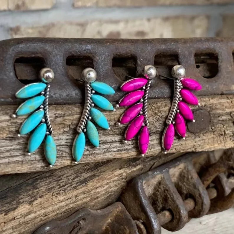 2023 Newest Bohemian Geometric Oval Turquoise Make up Red Blue Leaf Vintage Alloy Stud Earrings