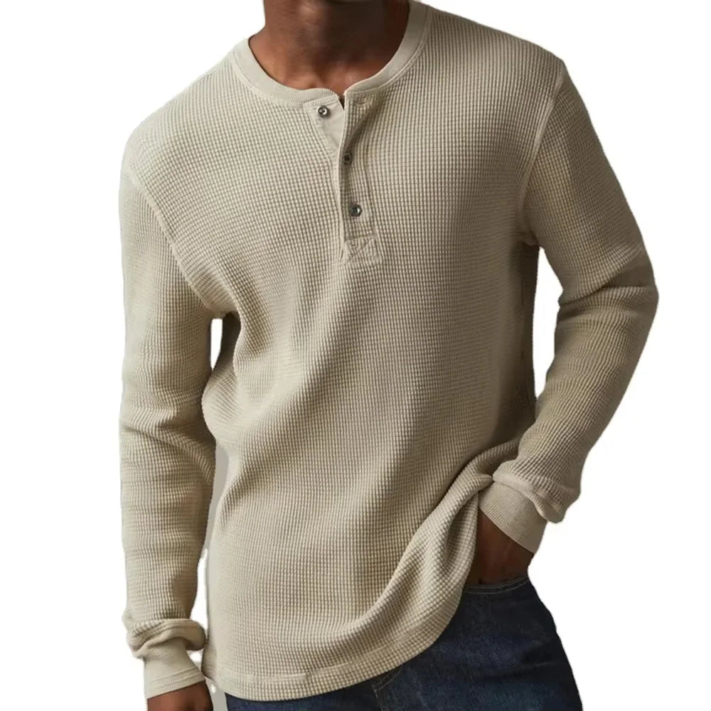 Custom Men Soft Breathable Waffle Knit Henley TShirt Heavy Weight Tshirt Organic Cotton Long Sleeve Casual Pullover Tops