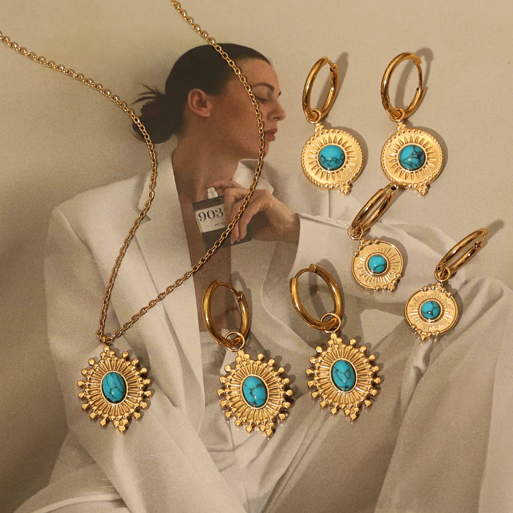Highly Popular Turquoise Statement Jewelry Good Quality Stainless Steel 18K Gold Plated Nickel Lead Free Aigs Certified Earrings