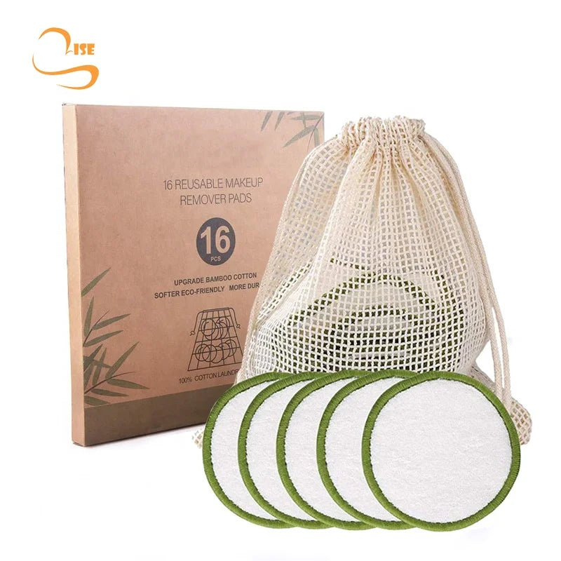 Eco-friendly 3.15" Round Soft Bamboo Terry Makeup Remover Pads Laundry Bag Reusable Double Sided Bamboo Pad