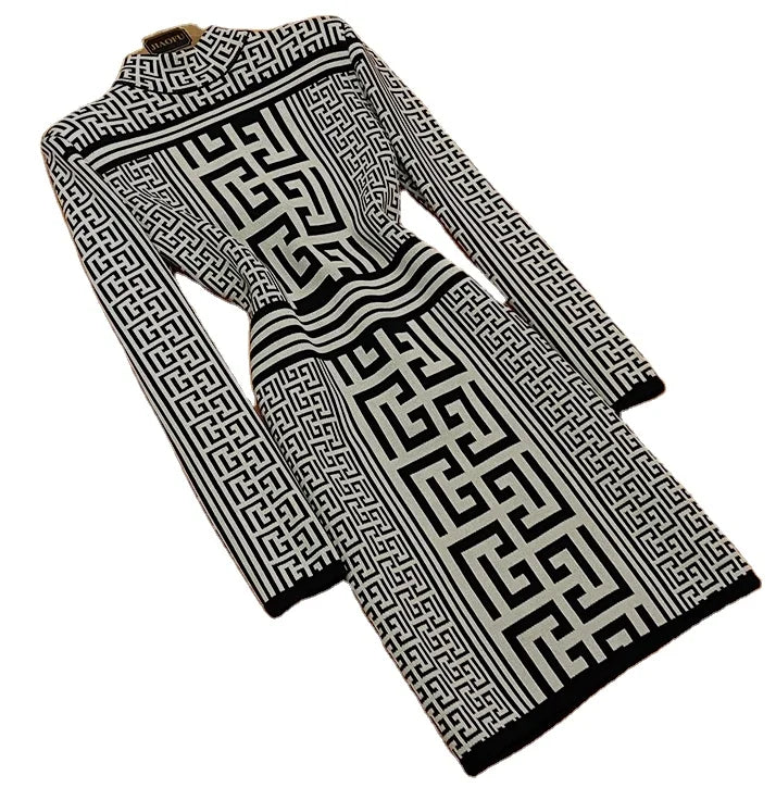 2026 Newest Designed Geometric Pattern Spring Lady Long Sleeve Stand Collar Slim Fitted Women Knit Short Dress
