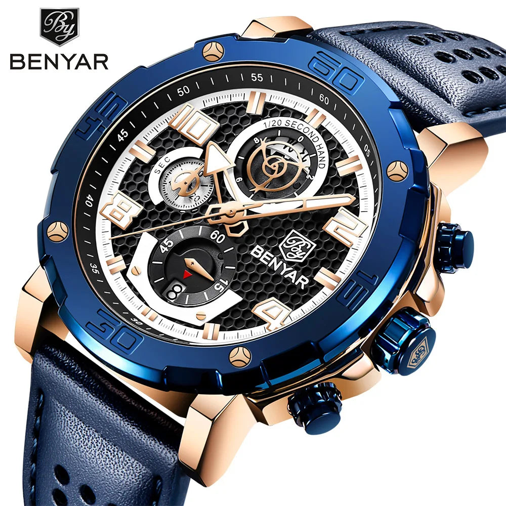 5172 BENYAR New Hot Men Watch Chronograph Waterproof Sport Genuine Leather Mens Wristwatch Top New Luxury  Man Clock